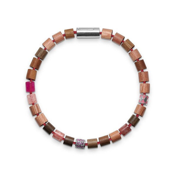 Black Sun MAKUA BEACH armbånd fra Mads Z i bordeaux nylonsnor med rosa perler, drivtømmer og sølvlås, 16,5–21 cm.